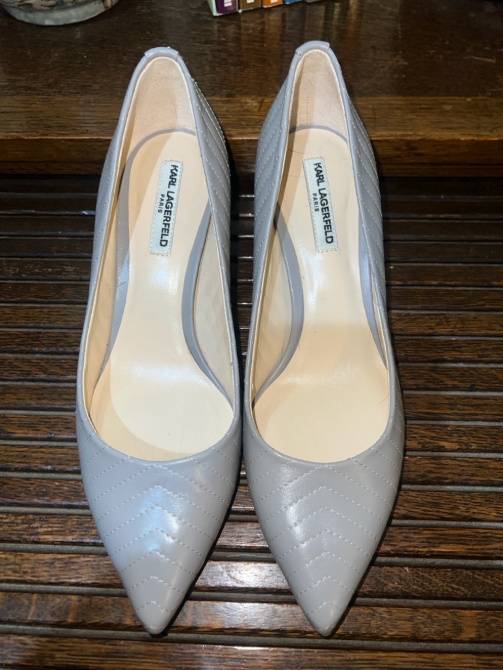 Karl Lagerfeld Quilted Pointed-Toe Pumps in Light Gray Leather